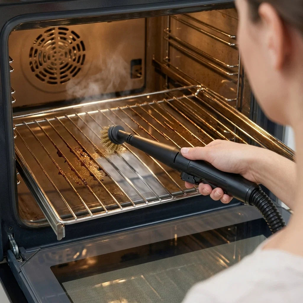 Persoon die het ovenrooster schoonmaakt met een elektrische borstel